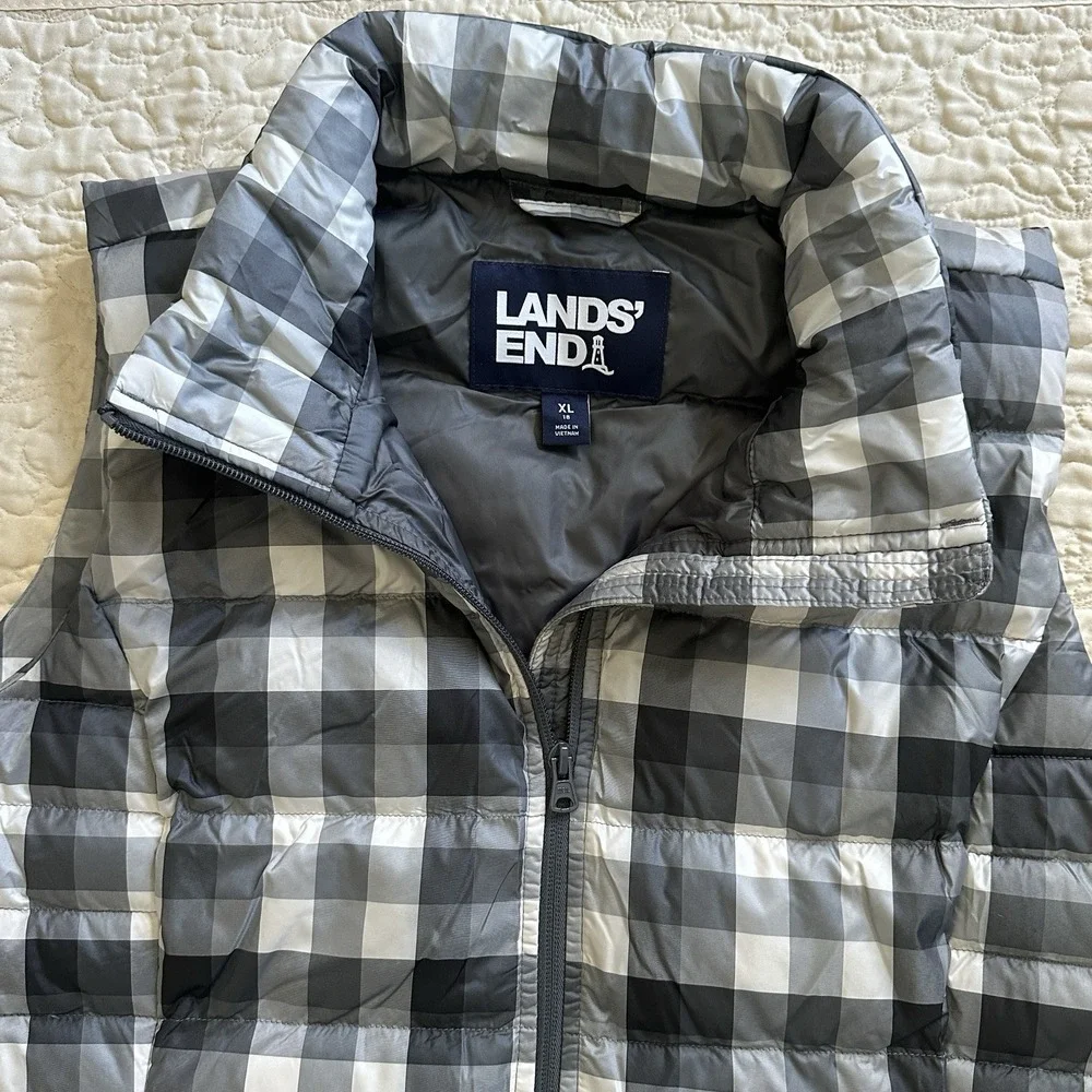 Lands End Plaid  Down Feather Fill Puffer Vest Women's XL Full Zip Winter‎ Snow